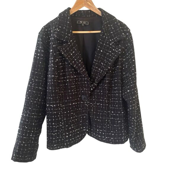 Vintage Womens Blazer 2X Tweed Jacket Black White Short USA Glam Old Money Retro - Picture 1 of 10